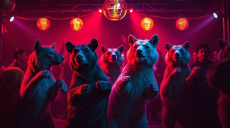 Discover stunning high-resolution stock photos of an animal dance party bathed in vibrant disco lights.  The images feature a