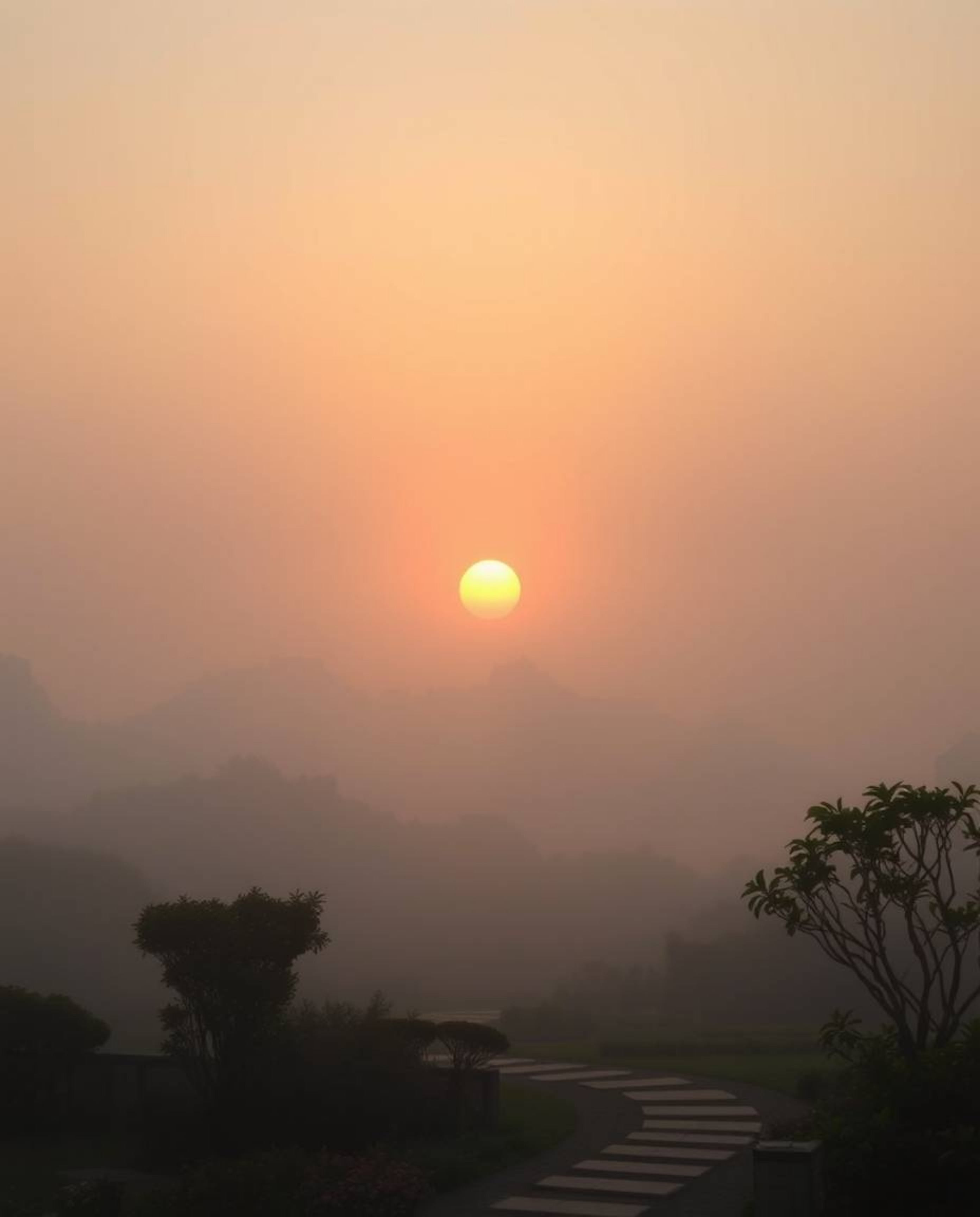 Ethereal, spiritual vibe depicting a sunset over a serene Zen garden, gentle soft light, diffused shadows, subtle illuminatio