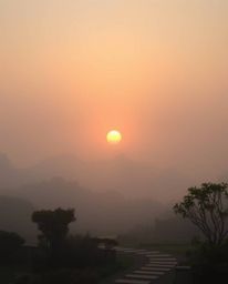 Ethereal, spiritual vibe depicting a sunset over a serene Zen garden, gentle soft light, diffused shadows, subtle illuminatio
