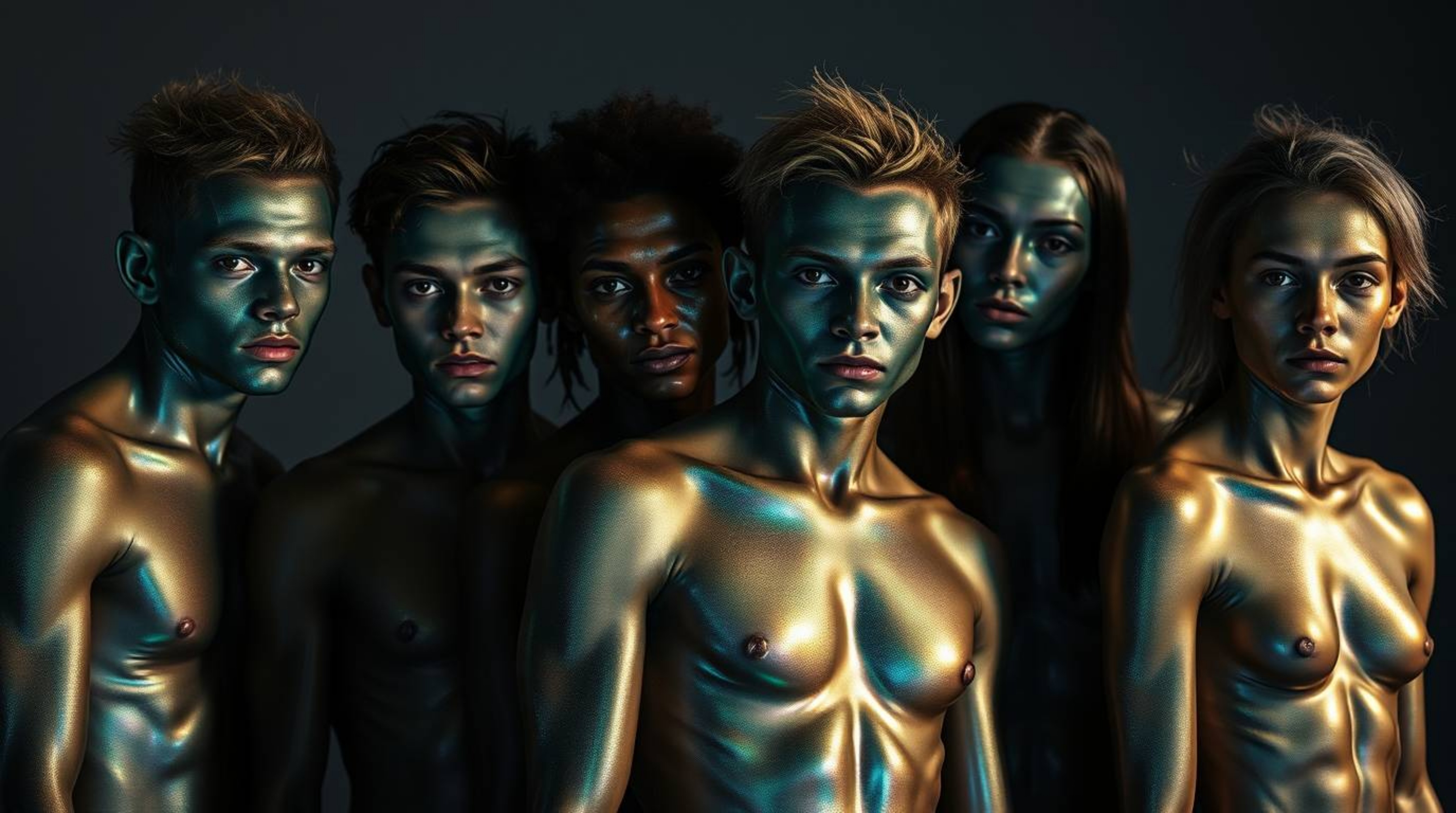 Discover a captivating image of a team of misfit heroes, each possessing iridescent skin and clothing.  Bathed in soft, gentl