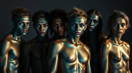 Discover a captivating image of a team of misfit heroes, each possessing iridescent skin and clothing.  Bathed in soft, gentl