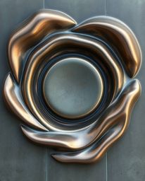 Explore a captivating cast bronze surface featuring a bird's eye view of smooth, 3D metallic shapes suspended in zero gravity