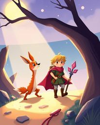 Embark on a visual adventure with a hero accompanied by a talking animal sidekick in this dreamy, soft-lit illustration. The 