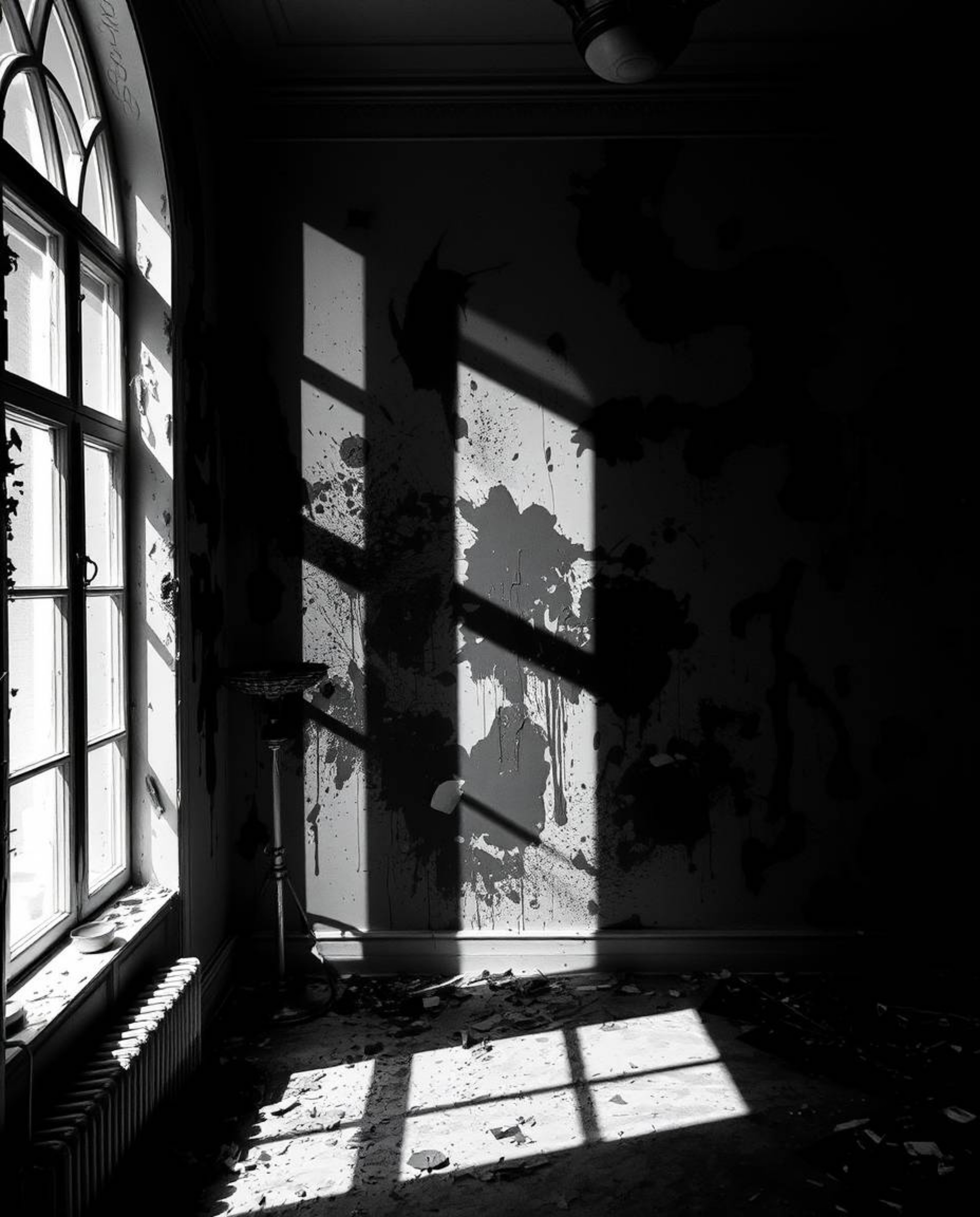 A captivating black and white photograph showcases a room in a state of explosive paint chaos. The composition benefits from 