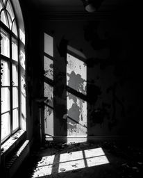 A captivating black and white photograph showcases a room in a state of explosive paint chaos. The composition benefits from 