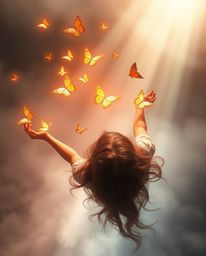 A captivating overhead shot depicts a girl with long hair releasing butterflies into a misty atmosphere, dramatically illumin