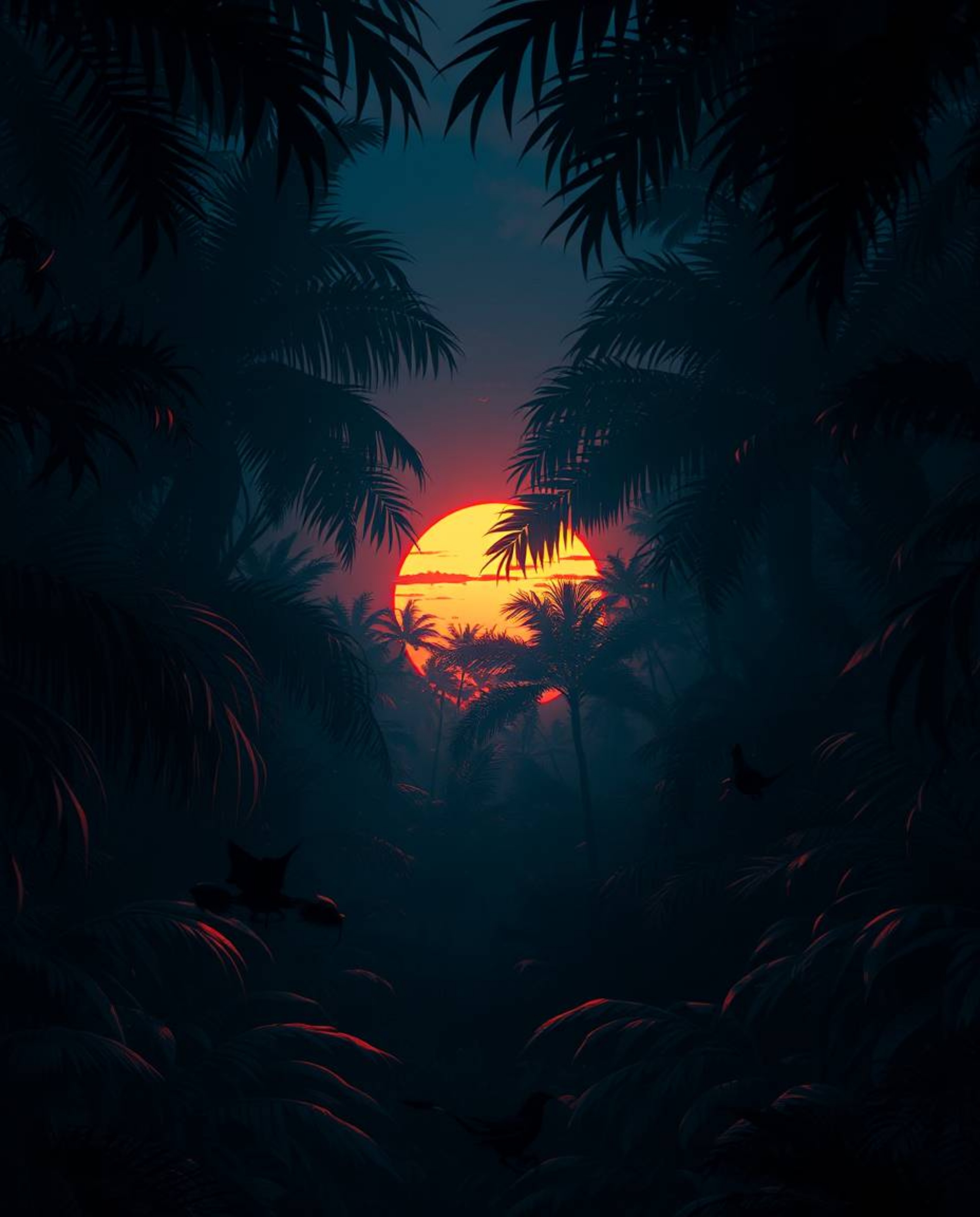 A digital painting of a sunset filtering through a dense jungle canopy, characterized by an eerie atmosphere and captivating 