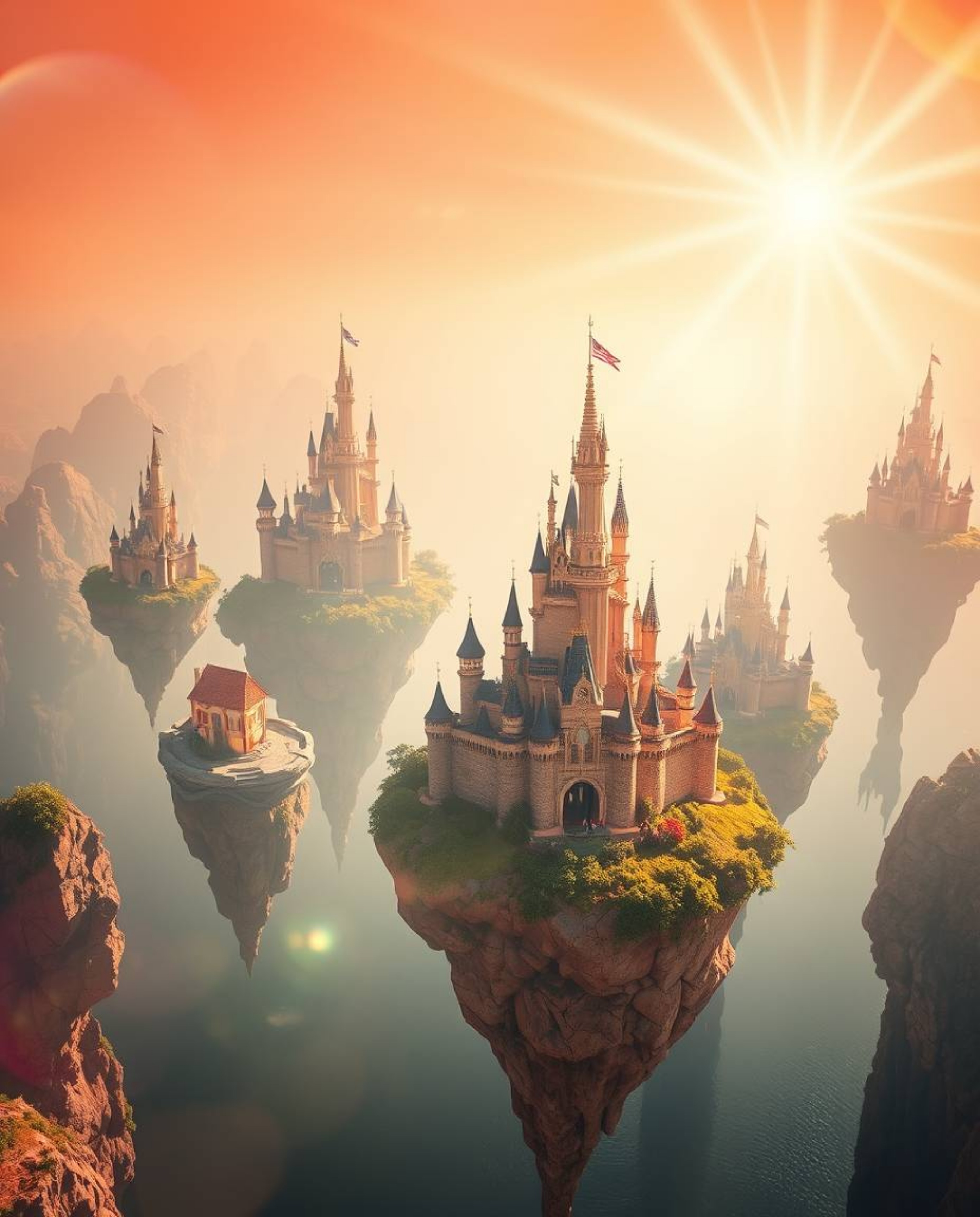 A visually stunning and professionally captured photograph of a vibrant kingdom adorned with floating islands and majestic ca