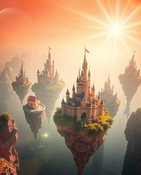 A visually stunning and professionally captured photograph of a vibrant kingdom adorned with floating islands and majestic ca