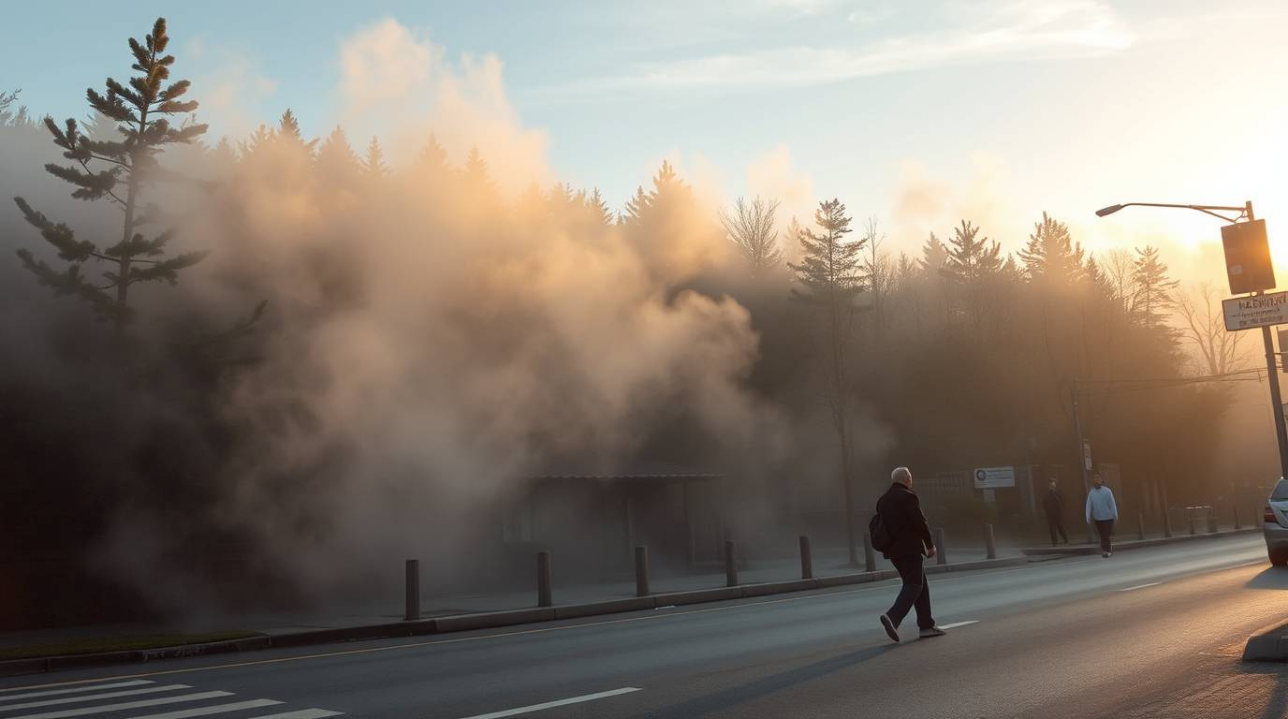 A captivating street photograph captures the magic of mist rising from a forest during the golden hour, blending urban scenes