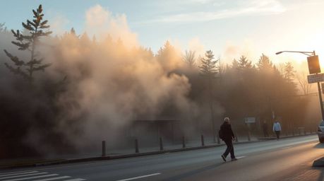 A captivating street photograph captures the magic of mist rising from a forest during the golden hour, blending urban scenes