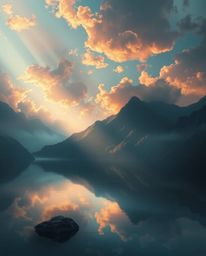 An ethereal digital painting captures a serene scene where soft light illuminates the fiery clouds reflected in a mountain la