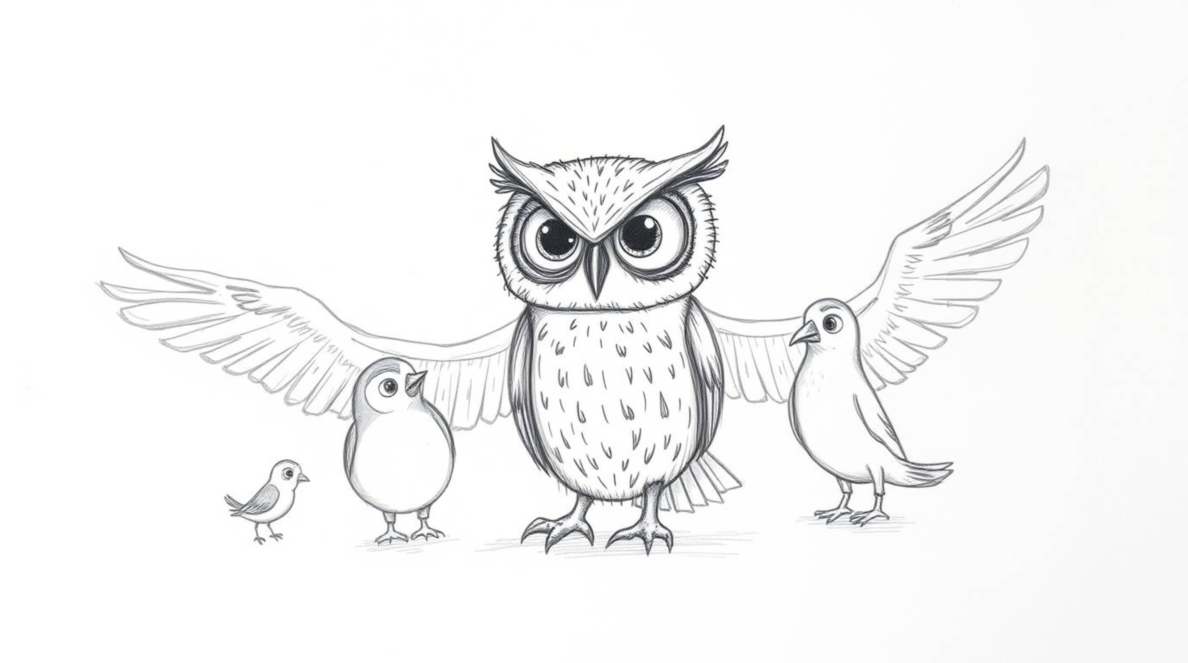 A charming, hand-drawn pencil sketch depicts a blind owl in a delightful Pixar style, characterized by its large, expressive 