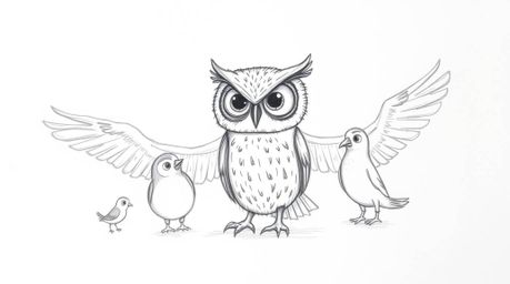 A charming, hand-drawn pencil sketch depicts a blind owl in a delightful Pixar style, characterized by its large, expressive 