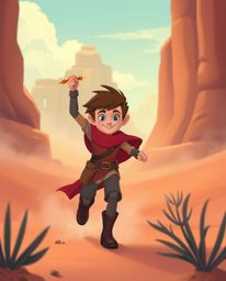 A brave hero embarks on a vibrant Disney-style desert adventure, rendered in complementary colors with a hazy atmosphere and 