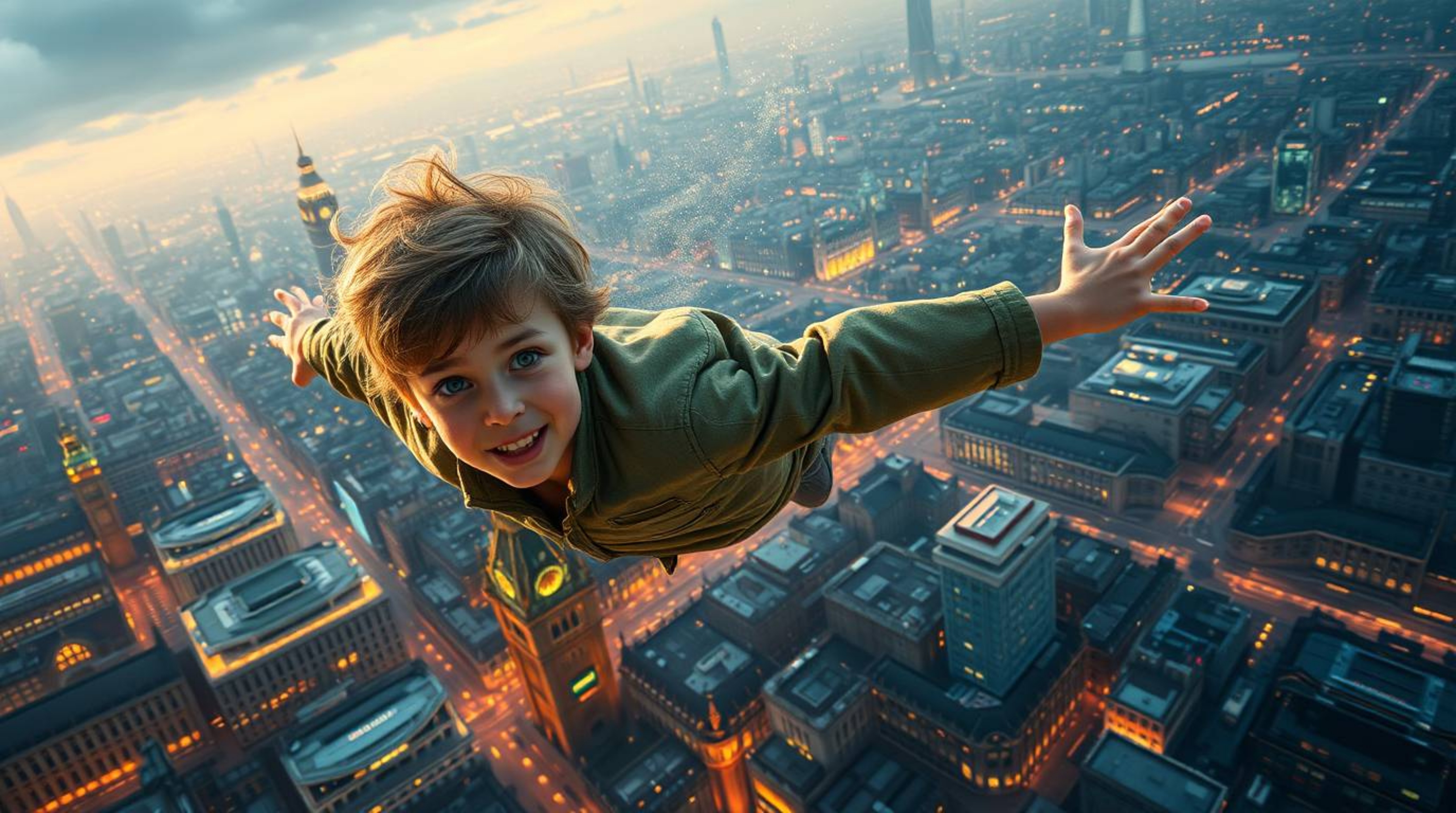 A young boy, determined and bright, soars above a sprawling, futuristic London, propelled by vibrant, glowing pixie dust. Thi