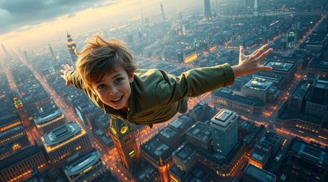 A young boy, determined and bright, soars above a sprawling, futuristic London, propelled by vibrant, glowing pixie dust. Thi
