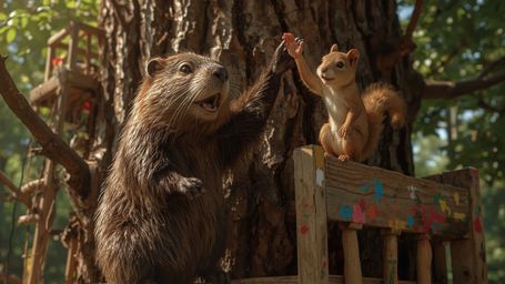 A highly detailed, high-resolution stock photo captures a busy beaver constructing the ultimate treehouse sanctuary for orpha