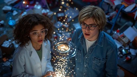 In a vibrant, high-contrast photograph with a Pixar-like aesthetic, a diverse teenage science duo, a young woman and a young 