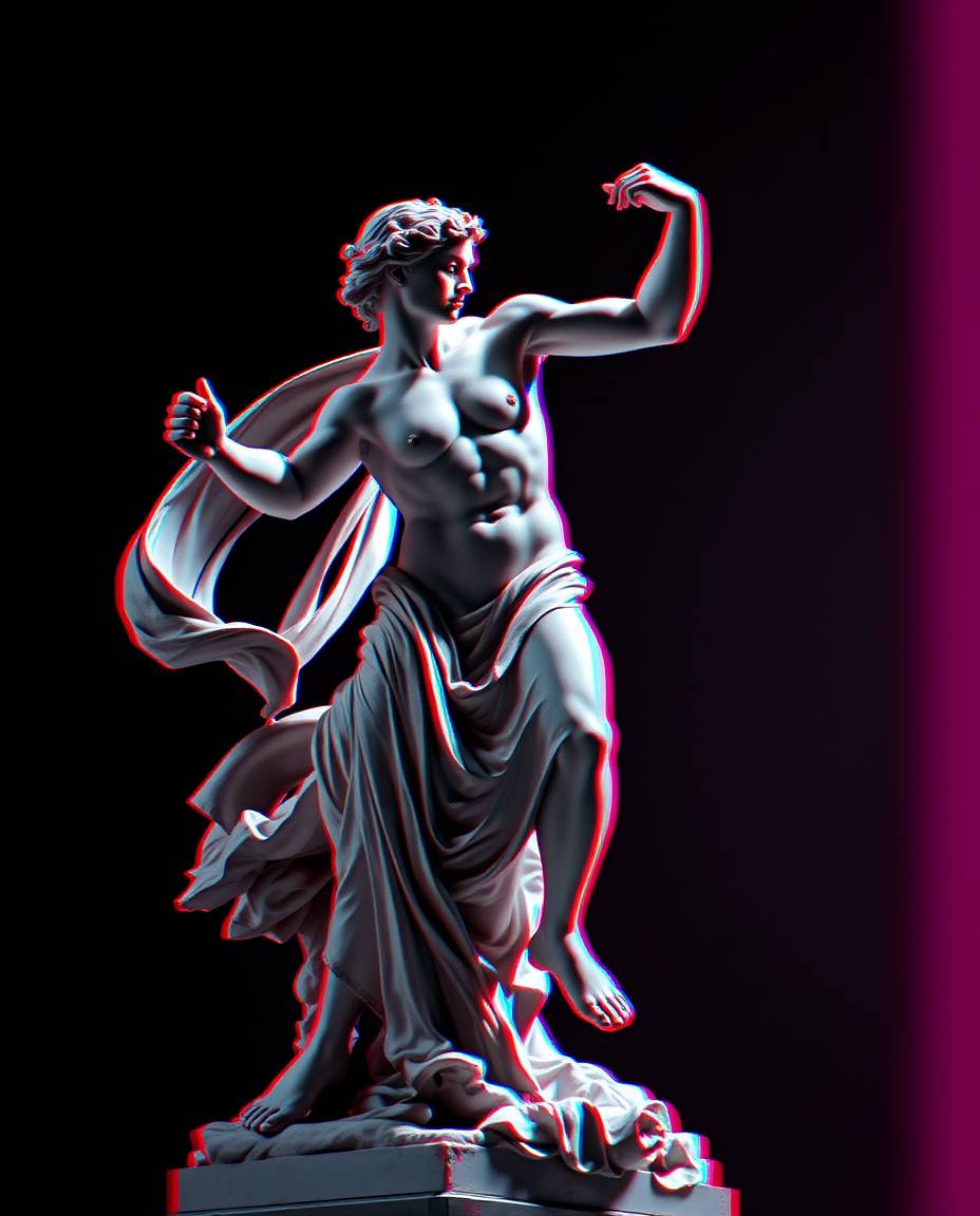 A captivating blend of classical sculpture and digital art. This piece features a dynamic action pose, high contrast low-key 