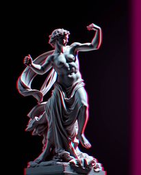 A captivating blend of classical sculpture and digital art. This piece features a dynamic action pose, high contrast low-key 