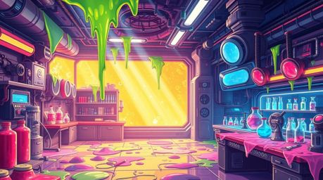 Explore a futuristic, sci-fi science lab overrun with slime, showcasing advanced technology and captivating space elements. T