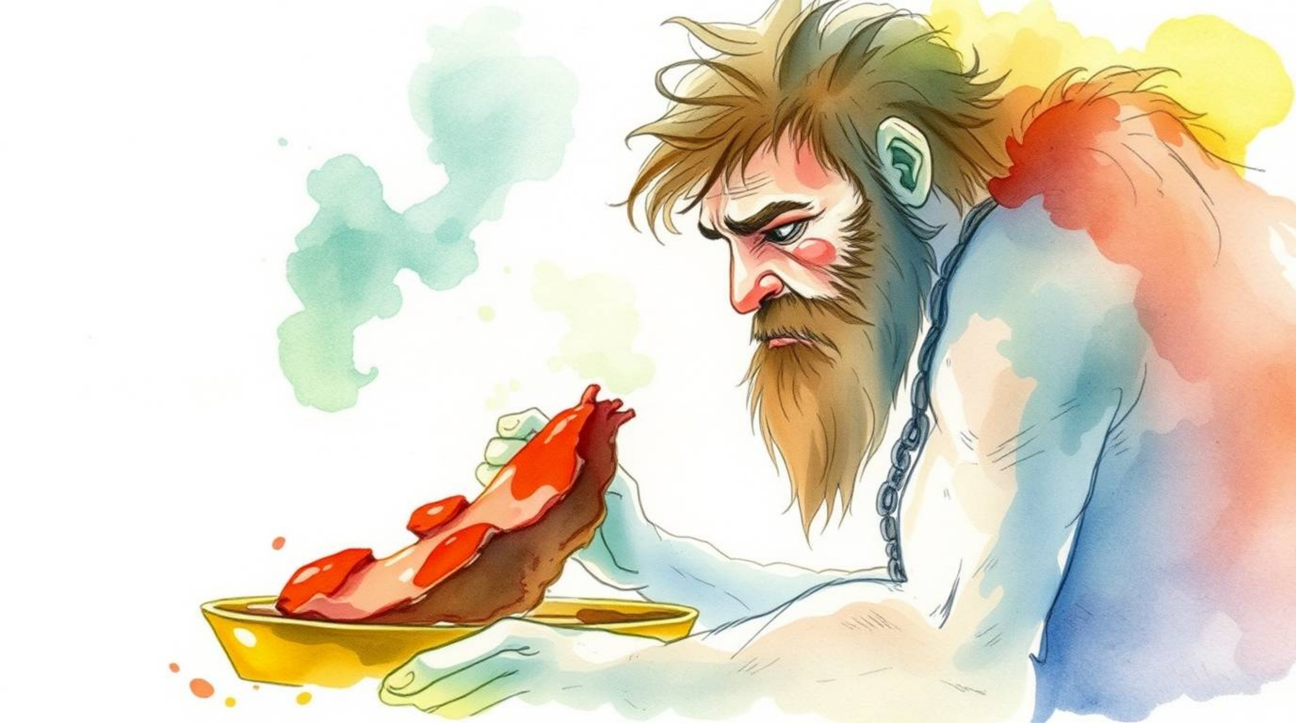 A delicate watercolor painting depicts a caveman with surprisingly soft features preparing mammoth meat. The artwork is rende