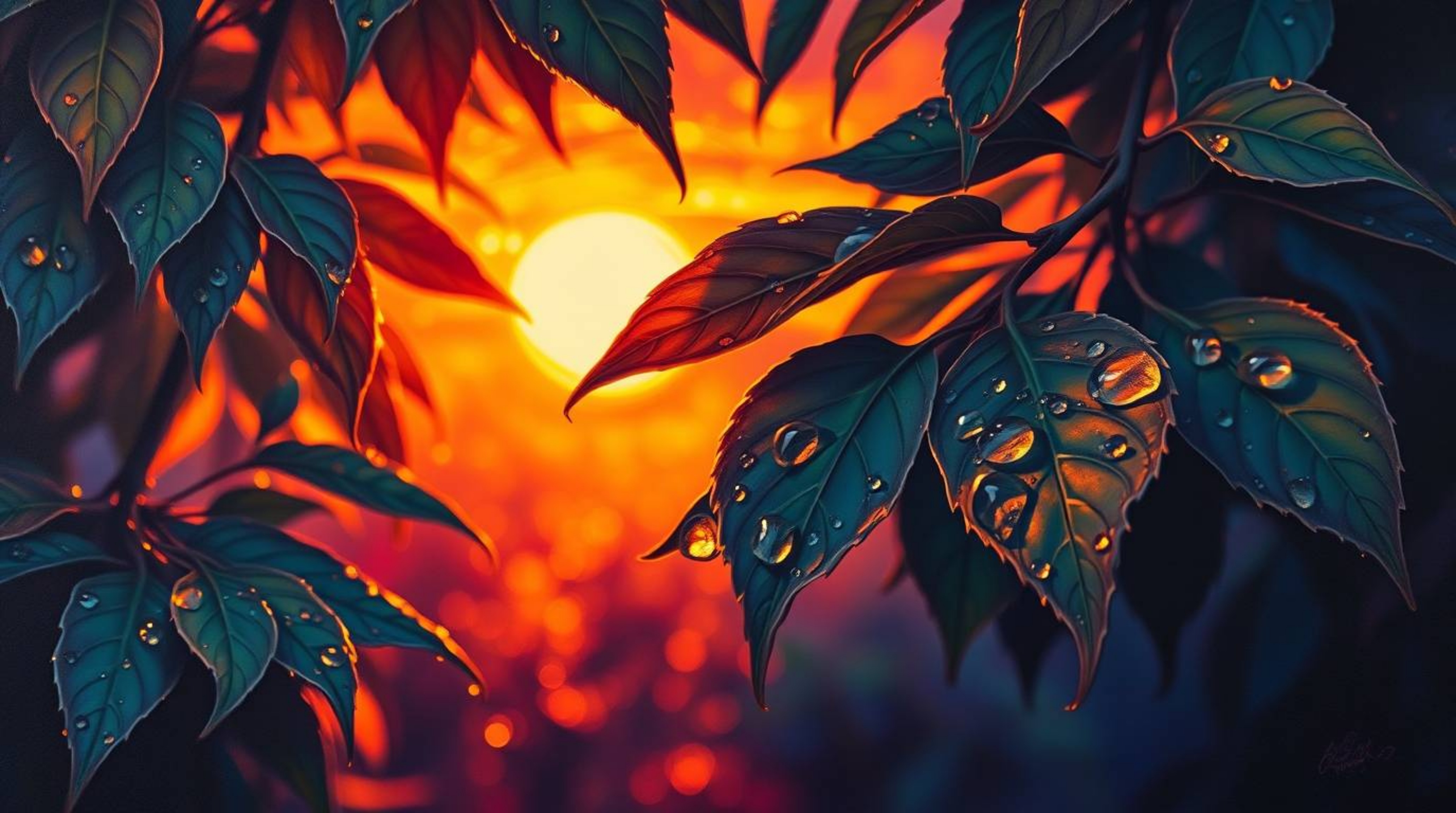 This vibrant painting captures the breathtaking beauty of a sunset reflected in raindrops clinging to leaves. The artist uti