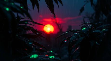 Immerse yourself in an eerie, futuristic sci-fi scene featuring a bioluminescent sunset casting its vibrant glow and space el