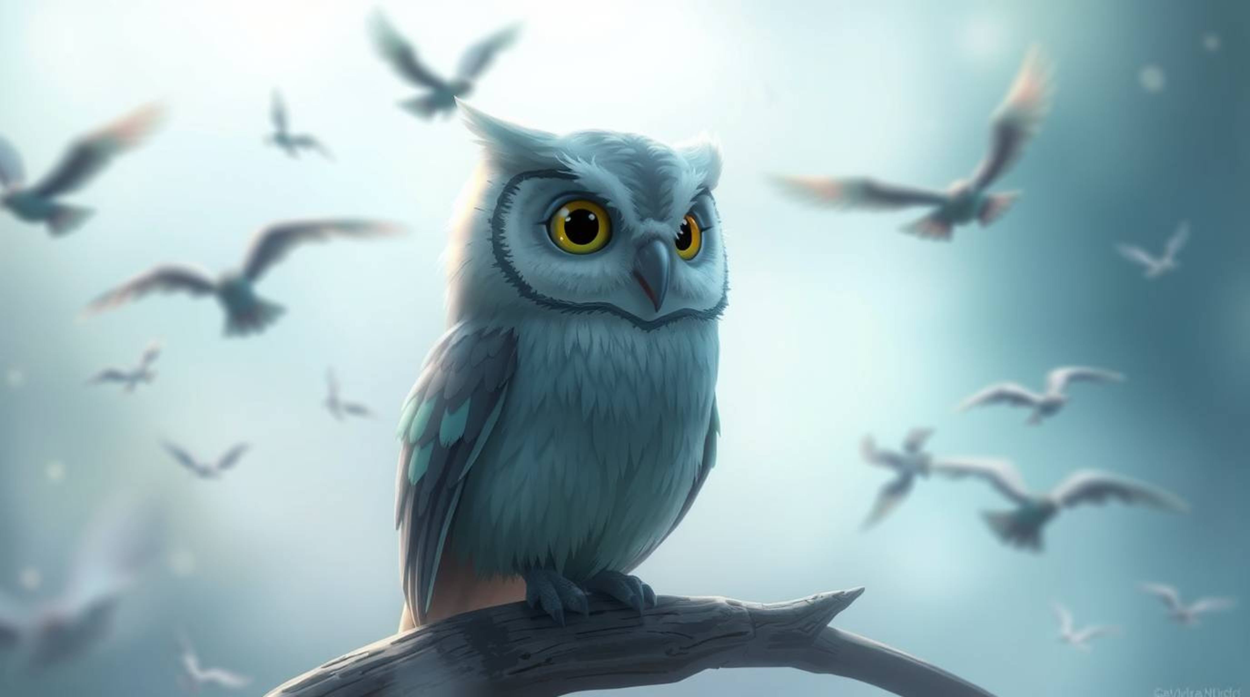 A captivating Pixar-style illustration depicting a wise, blind owl with soft blue-green feathers teaching birds how to fly. T