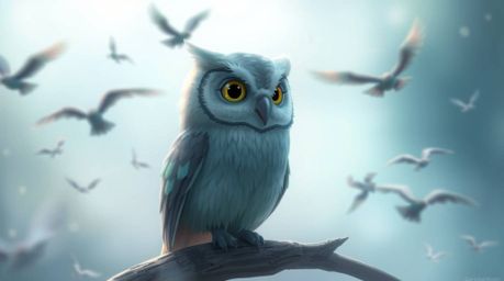 A captivating Pixar-style illustration depicting a wise, blind owl with soft blue-green feathers teaching birds how to fly. T