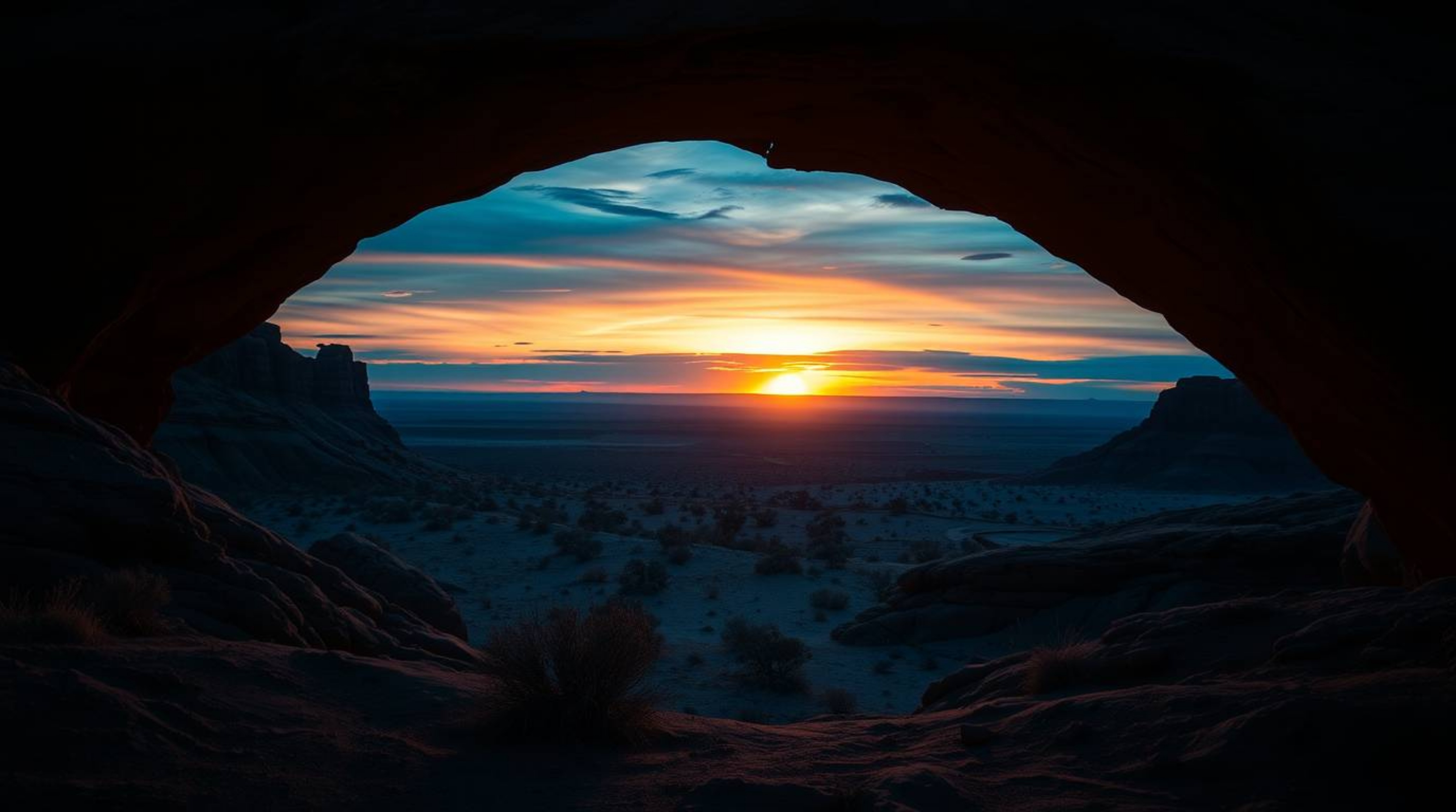 Experience the awe-inspiring beauty of a desert sunset framed by a natural rock arch. This artwork captures a strong, moody s
