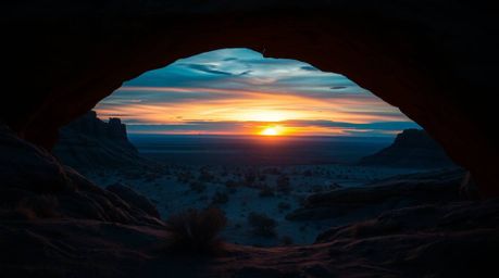 Experience the awe-inspiring beauty of a desert sunset framed by a natural rock arch. This artwork captures a strong, moody s
