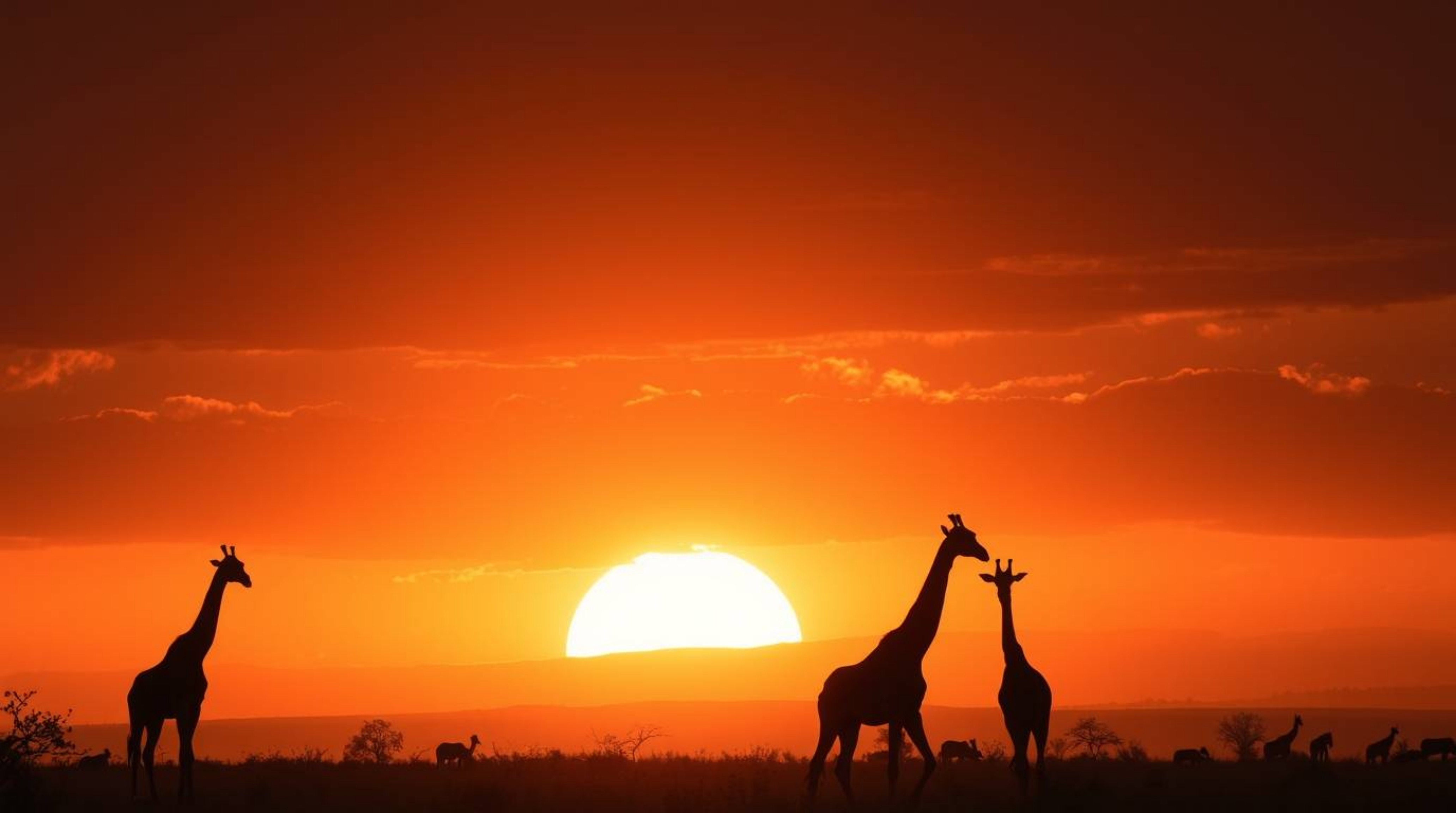 A captivating sunset savanna scene unfolds, showcasing silhouetted giraffes against a backdrop of intense dramatic lighting a