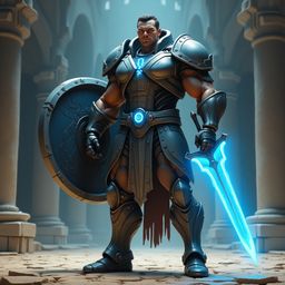 A formidable futuristic gladiator, encased in a detailed metallic exosuit with glowing azure circuits, stands ready for battl