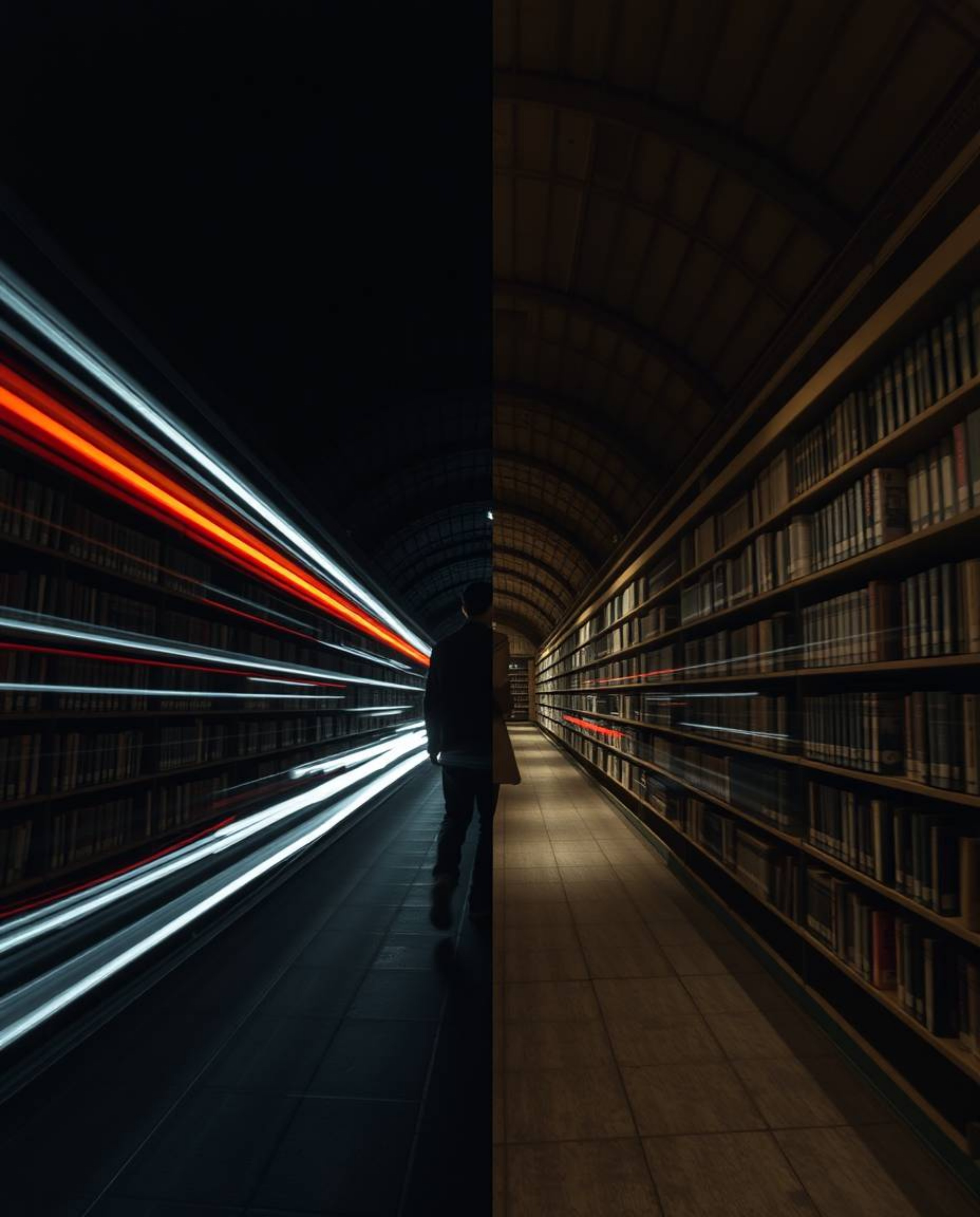 This distinct split long exposure photograph captures the enchanting moment of a person discovering a hidden underground libr