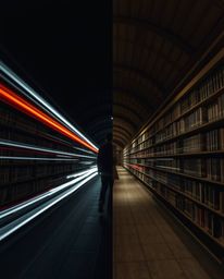 This distinct split long exposure photograph captures the enchanting moment of a person discovering a hidden underground libr