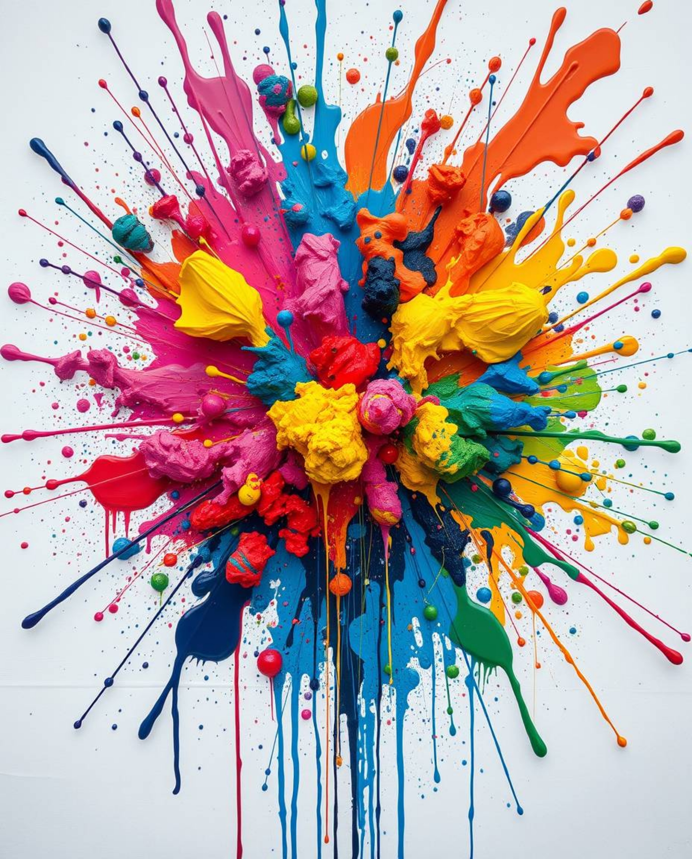 Experience the dynamic energy of a vibrant explosion of colorful paint splashes across a pristine white canvas. This high-det