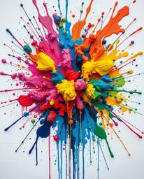 Experience the dynamic energy of a vibrant explosion of colorful paint splashes across a pristine white canvas. This high-det