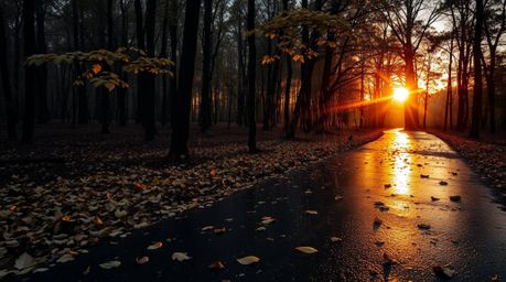 A captivating high-angle shot of an autumn forest bathed in the golden light of a setting sun.  Rain-slicked leaves reflect t
