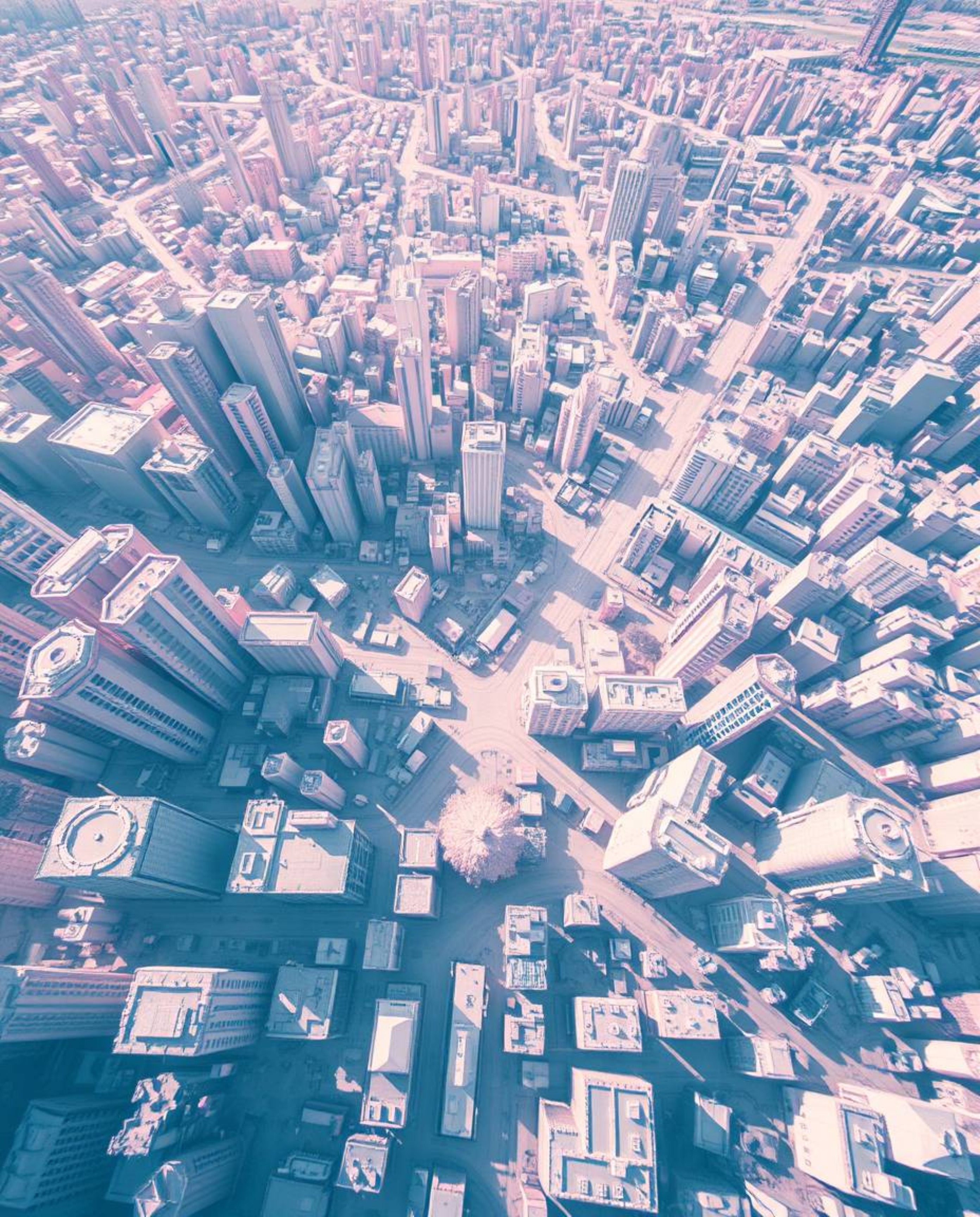 This surreal infrared image presents an abstract city map composed of geometric shapes, viewed from a high angle. The otherwo