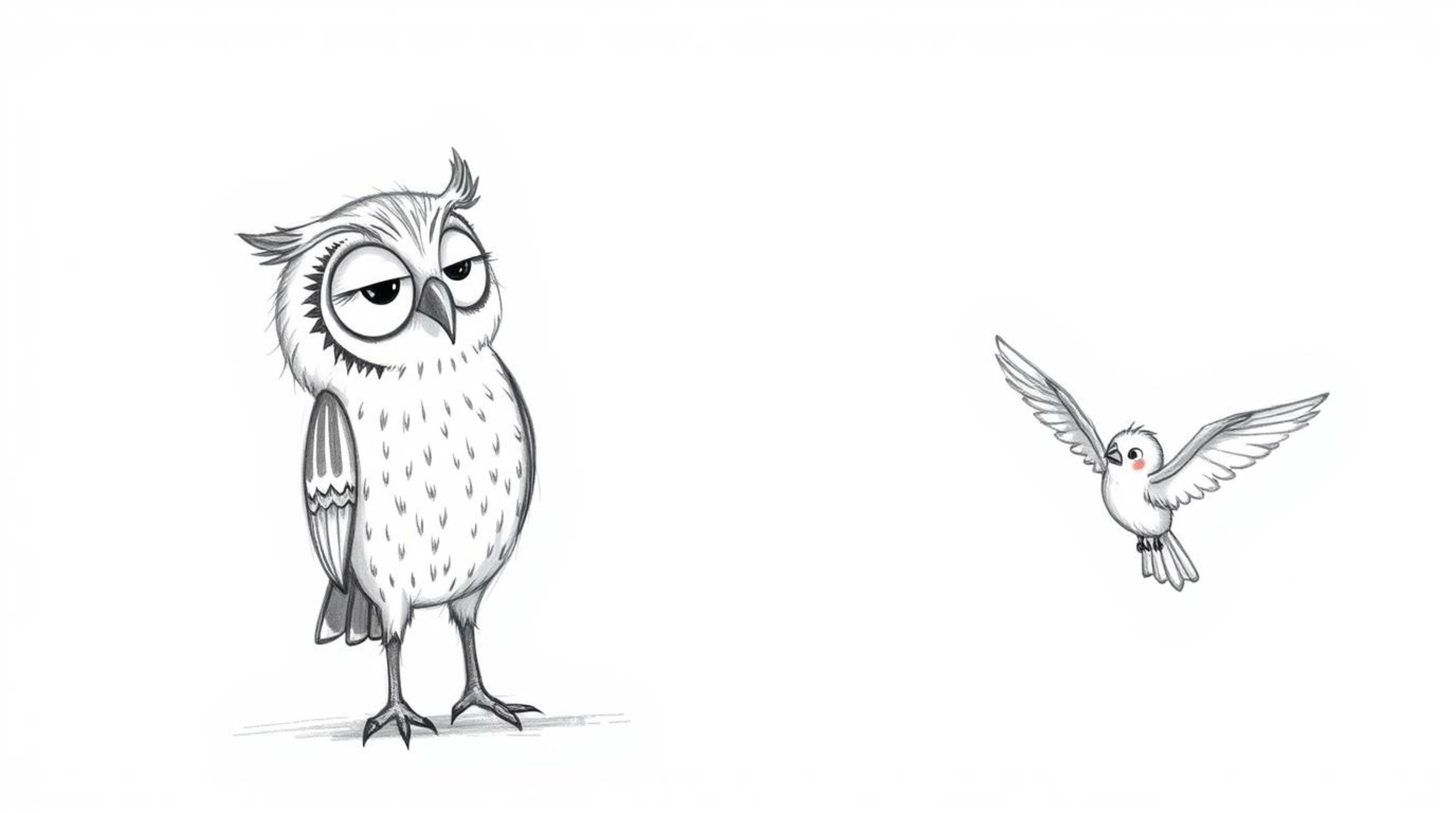A whimsical, hand-drawn sketch in the style of Pixar depicts a wise and calm blind owl teaching young birds how to fly. Utili