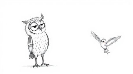 A whimsical, hand-drawn sketch in the style of Pixar depicts a wise and calm blind owl teaching young birds how to fly. Utili