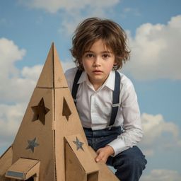 A captivating high-fashion photograph depicts a young boy with bright eyes building an intricately detailed cardboard spacesh