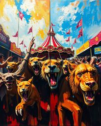 A bold and vibrant acrylic painting depicting a carnival overtaken by wild animals, captured from a low angle perspective wit