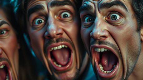 This scene captures a hilarious gross-out comedy moment with characters exhibiting exaggerated expressions and rich, deep tea