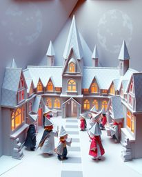 Discover a captivating magical school brimming with young wizards, meticulously crafted in an intricate origami style.  Exper