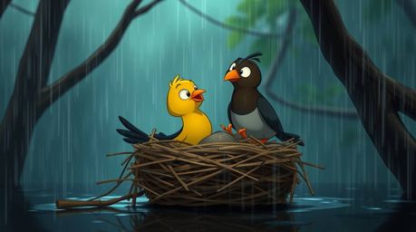 A dramatic, cinematic wet rainy scene featuring two cartoon birds diligently building their nest in a classic animation style