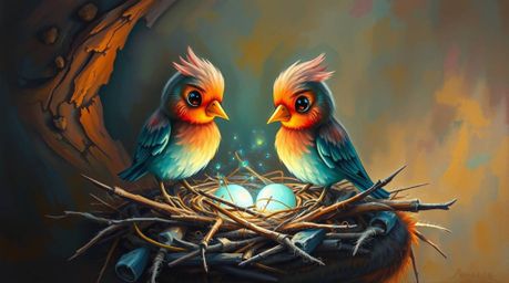 A captivating oil painting showcases two cartoon birds constructing a nest, their forms emitting a magical bioluminescent glo