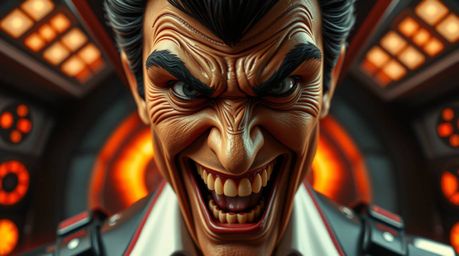 A hilarious close-up shot captures a villain's comical breakdown within a futuristic high-tech lair.  Bathed in warm reds, or